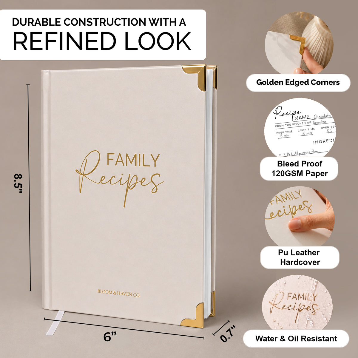 Bloom and Haven Recipe Book | A Beautiful Keepsake for Recipes & Traditions (Beige)